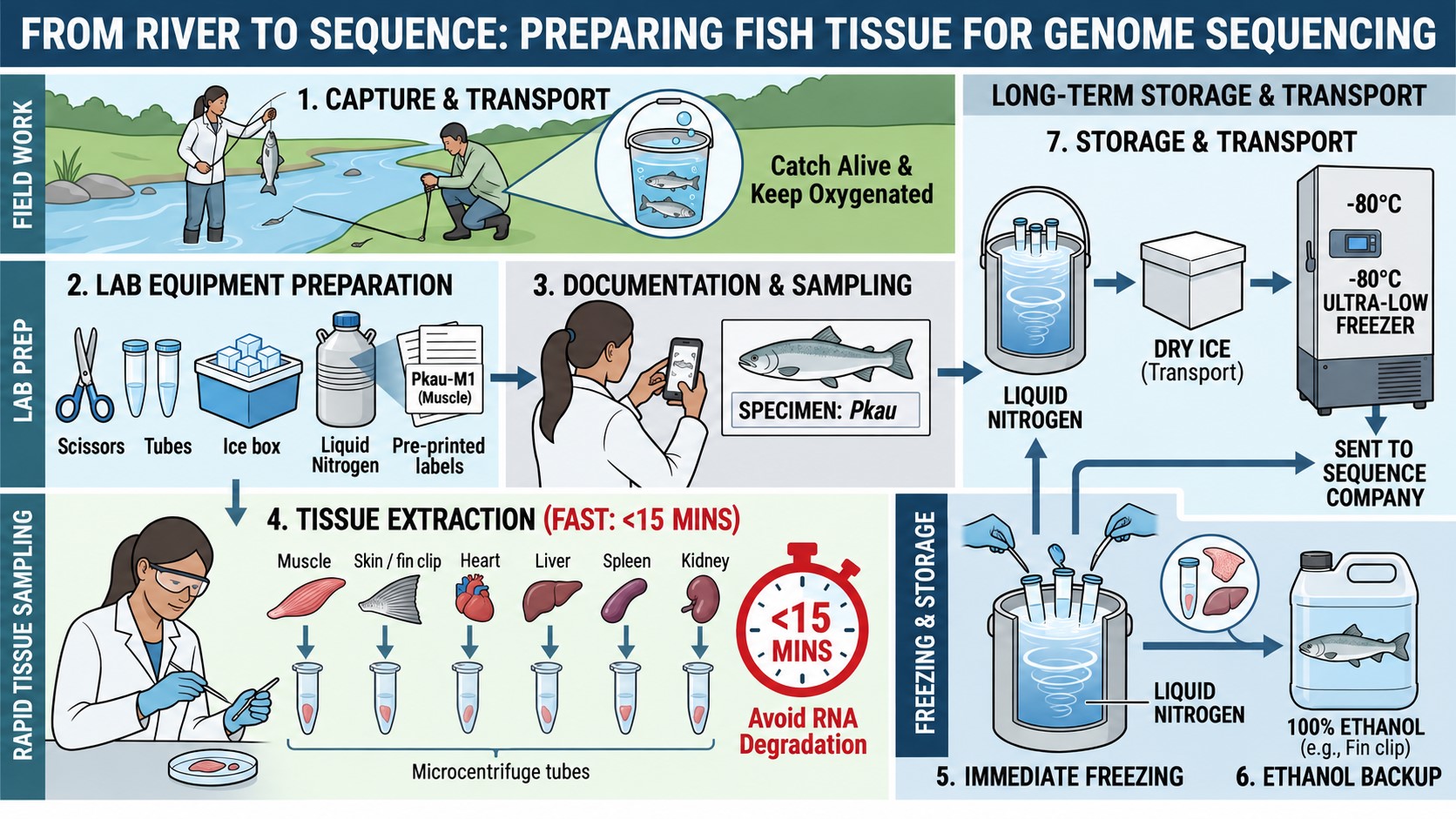 From river to sequence: a seven-stage infographic showing fish tissue preparation for genome sequencing, from live capture through rapid tissue extraction and flash-freezing to −80 °C storage and shipment
